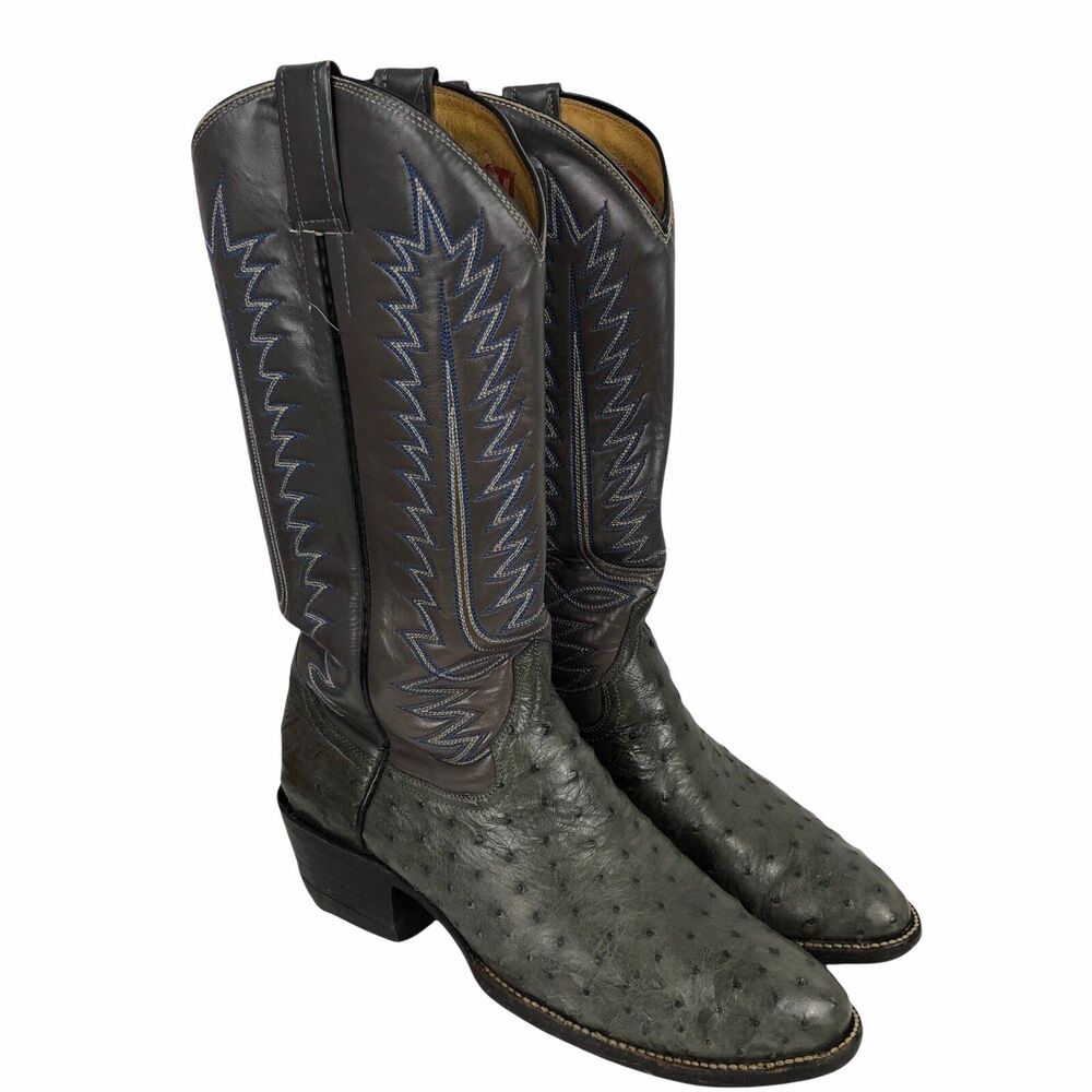 Justin Ostrich Cowboy Boots Mens Sz 7 Wide 7W Gray Leather Blue Stitch Round Toe